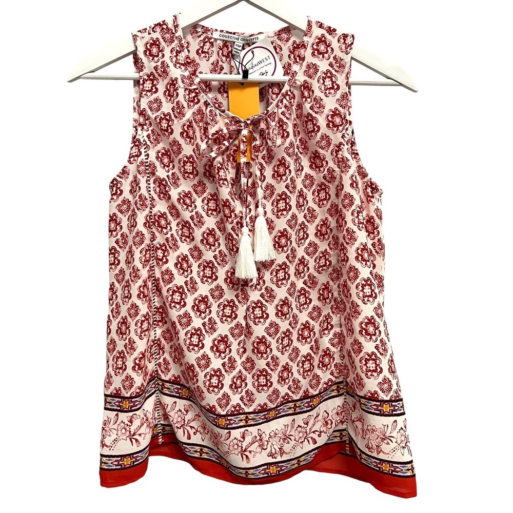 Collective Concepts Top Womens XSP Red Medallion Tassel Boho Sleeveless Peasant